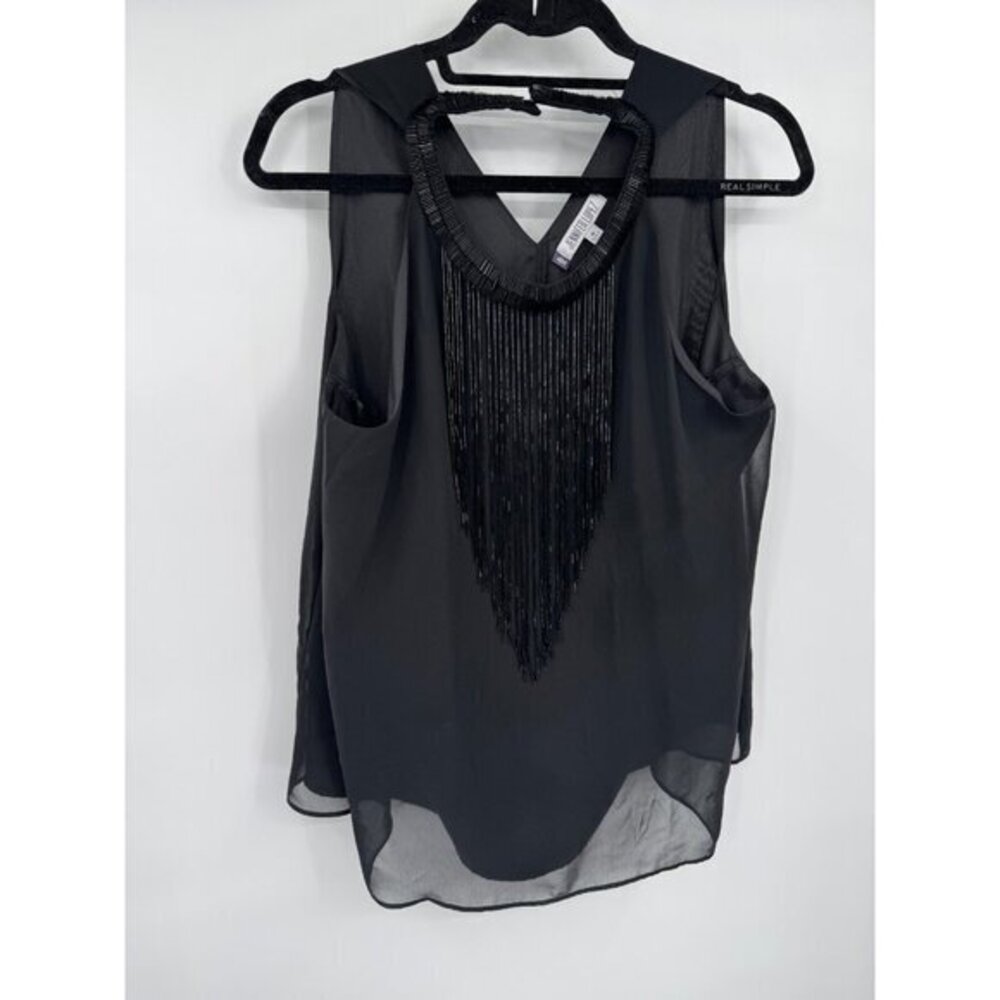 Jennifer Lopez Womens Top Medium Sheer Black Sleeveless Fringe Casual Business